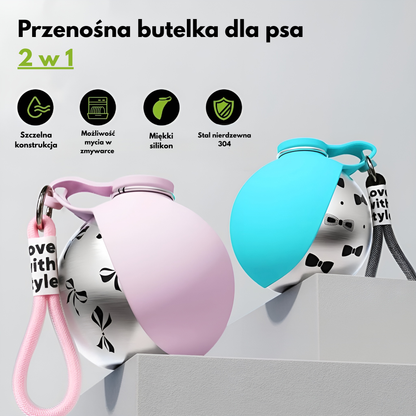 Przenośna Butelka dla Psa ze Stali Nierdzewnej - Bidon z Miską 2w1